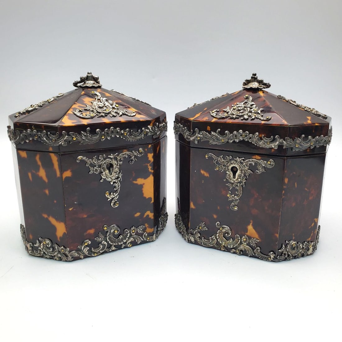 Pair English Victorian Silver Mounted Tea Caddies (1 of 4)