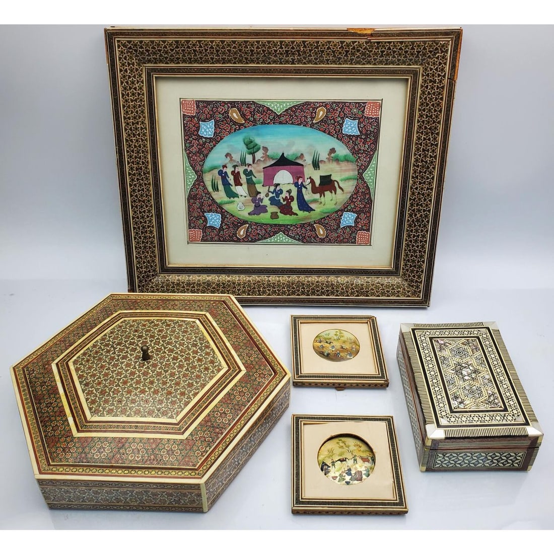 5 Vintage Persian Miniature & Inlaid Khatam Kari: Lot of 5 Vintage Persian Miniature & Inlaid Khatam Kari Items.Condition: The Boxes Are Generally Very Good. The Others Are AS IS. Dimensions: Largest-Sight-9" x 7". Frame-15" x 13". Provenance: From a