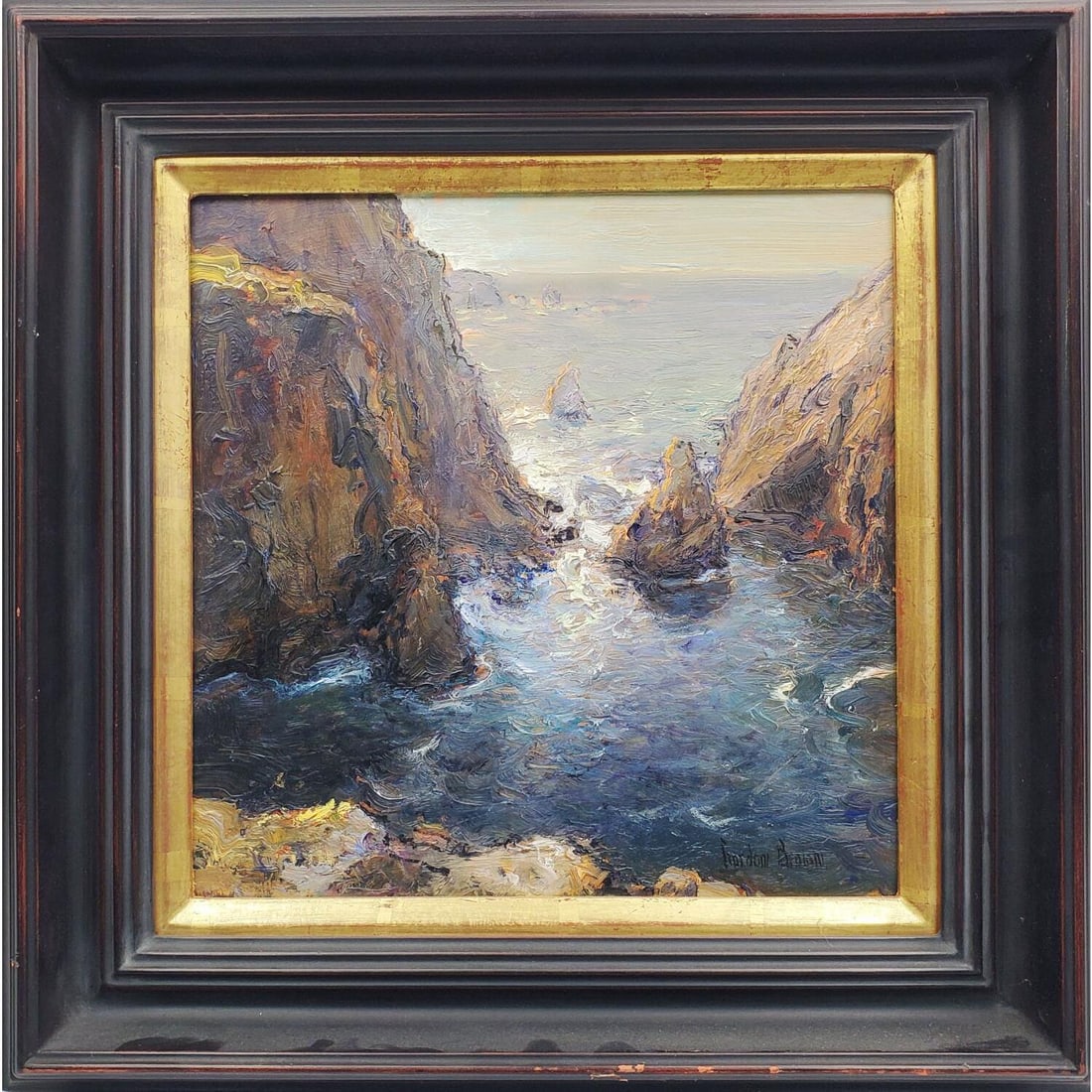 Gordon Brown, American (B. 1962) Painting O/B: Gordon Brown, American (Born 1962) Painting, Oil on Board "Pacific Edge". Signed Lower Right. Described on the Back. In Original Frame. Condition: Generally Very Good. Dimensions: Sight-12" x 12". Fra
