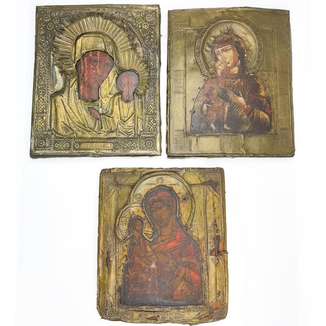 3 Antique Russian Wooden Metal Mounted Icons (1 of 6)