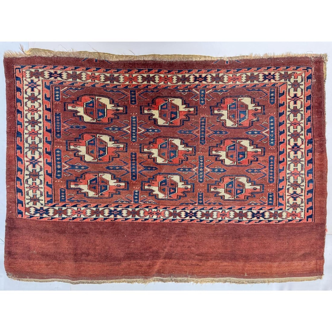 Antique 19th C. Turkmenistan "Yomut Chuval" Rug: Antique 19th Century Turkmenistan "Yomut Chuval" Rug. From "Peter Pap Oriental Rugs, Inc."Condition: Generally Very Good. Dimensions: L-3'11" x W-2'8". Provenance: From the Estate of an Important Priv