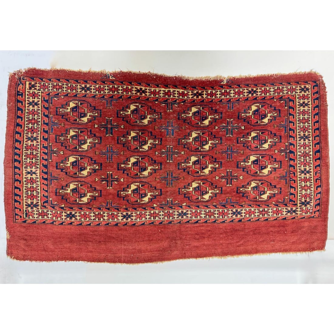 Antique 19th C. Central Asian "Yomut Chuval" Rug: Antique Late 19th Century Central Asian "Yomut Chuval" Rug. From "Peter Pap Oriental Rugs, Inc.". Condition: Generally Very Good. Dimensions: L-44.5" x W-26.5". Provenance: From the Estate of an Impor