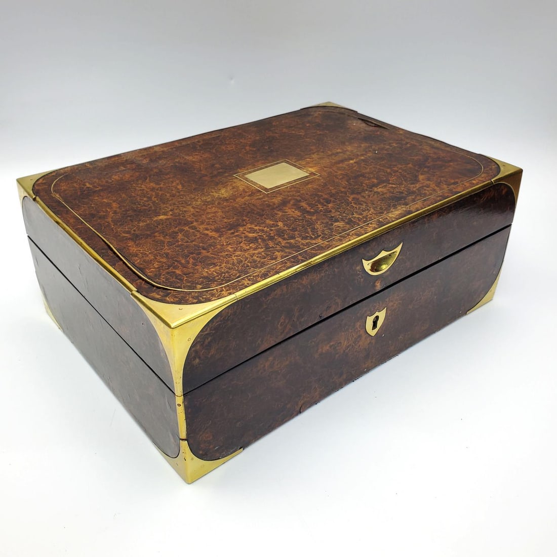 Antique Mulberry Wood Jewelry Box w/ Brass Edging: Antique Mulberry Wood Jewelry Box w/ Brass Edging & Velvet Interior. Condition: Generally Good. Brass is Slightly Lifting in One Area. Key is Missing. Dimensions: L-11" x W-7.5" x H-4.25". Provenance: