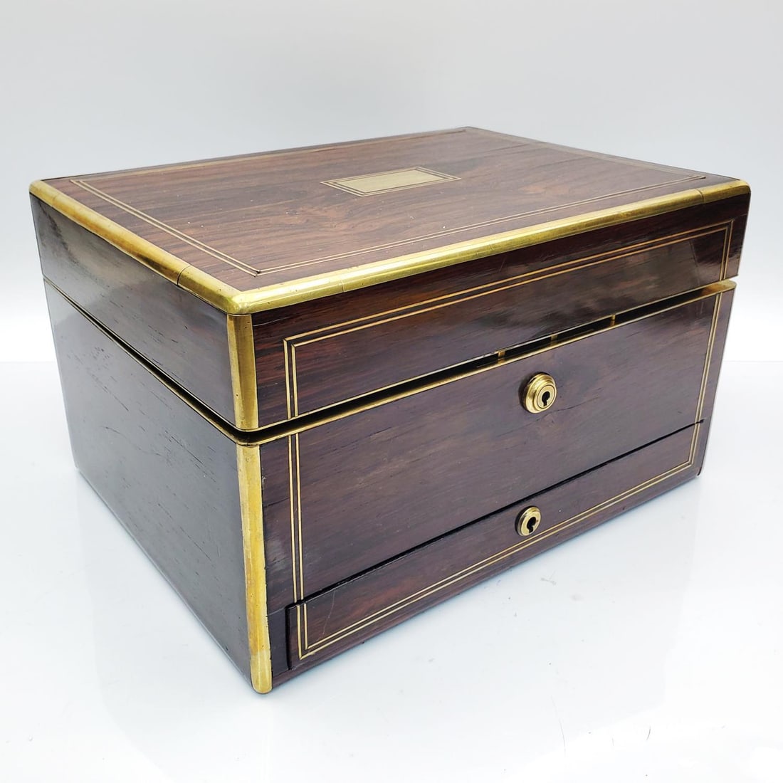 Antique English Wood Jewelry Box w/ Brass Mounts (1 of 7)