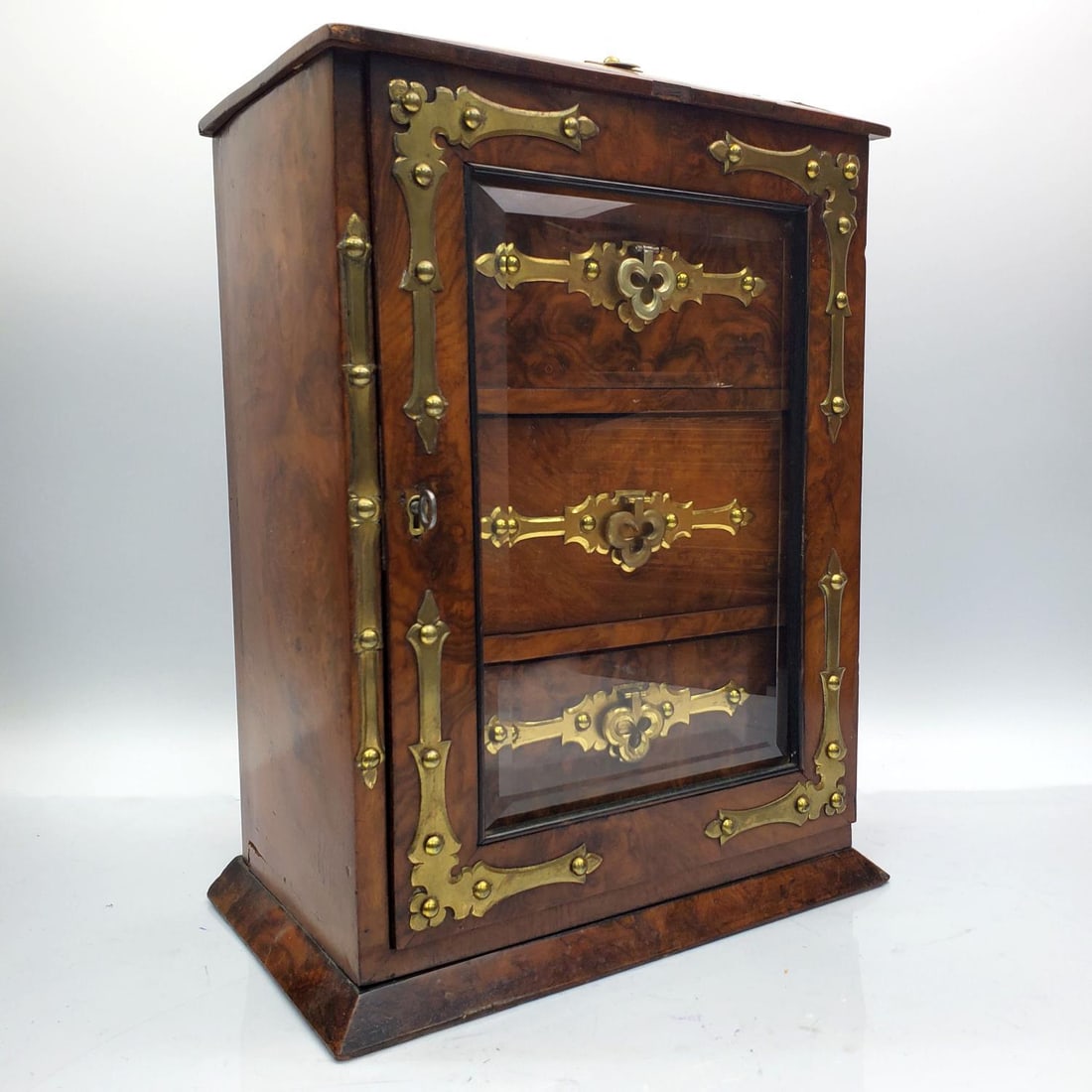 Antique Burr Walnut Table Cabinet w/ Beveled glass (1 of 4)
