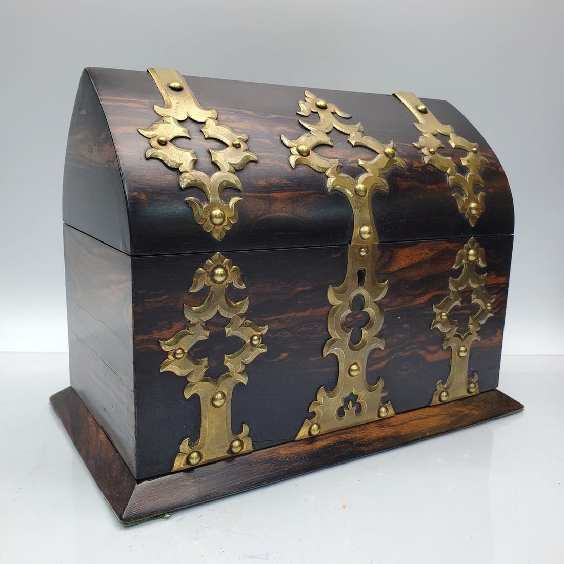 Antique English Coromandel Wood Stationary Box: AntiqueEnglish Coromandel Wood Stationary Box w/ Brass Mounts. Does Not Come W/ Key. Condition: Generally Very Good. Dimensions: L-10.5" x W-5" x H-8". Provenance: From the Estate of an Important Priv