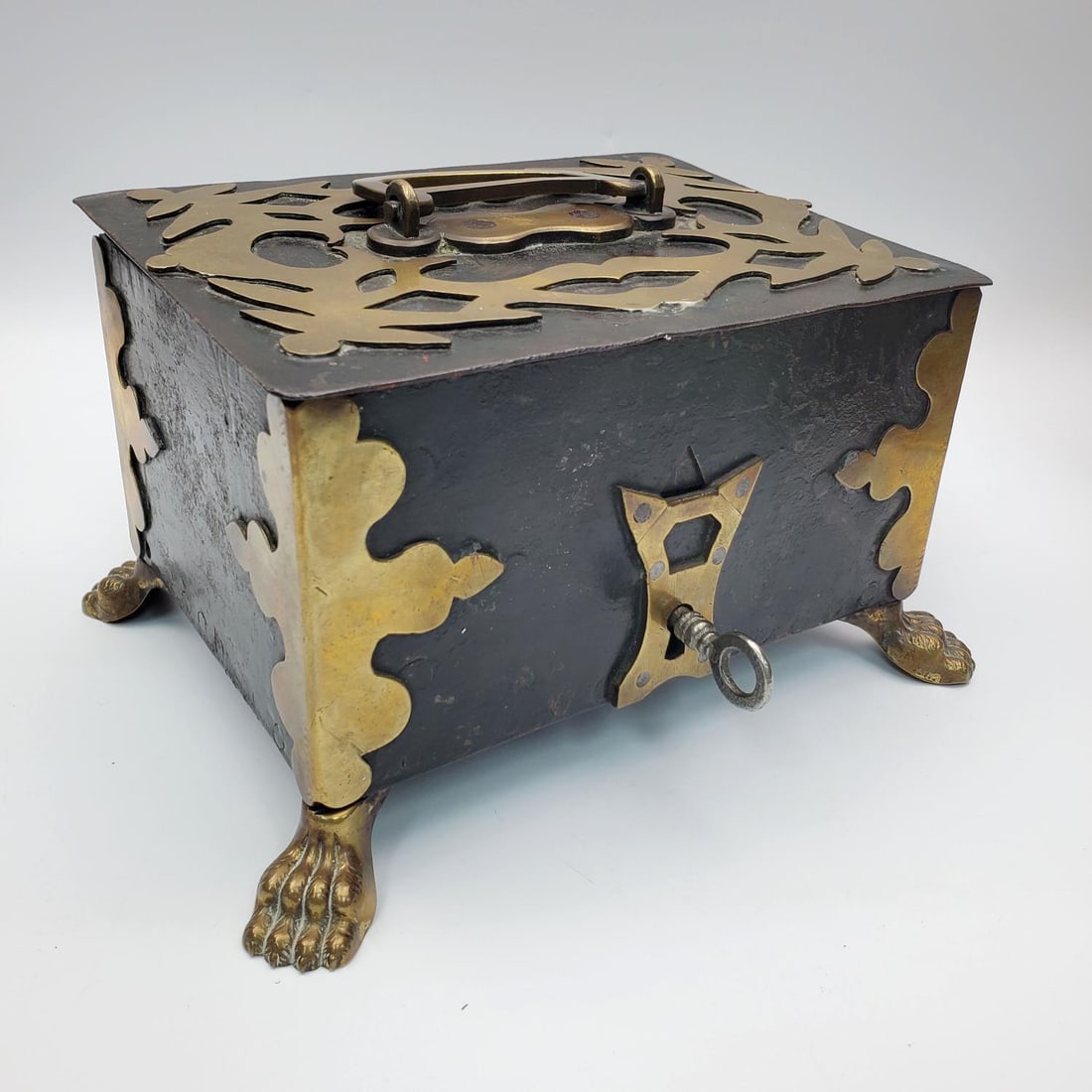 Antique Metal Heavy Strong Box w/ Brass Mounts (1 of 5)