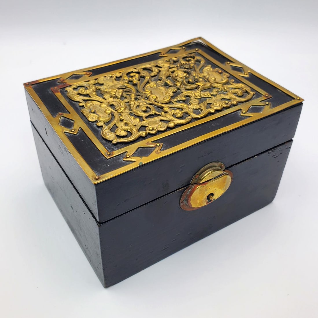 Old Wooden Box w/ Detailed Brass Overlay (1 of 3)