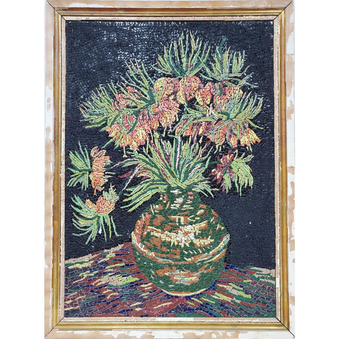 Large Vintage Mosaic Plaque of a Flower Bouquet: Large Vintage Mosaic Plaque of a Flower Bouquet. Condition: Generally Good. Frame Needs Attention. Dimensions: Sight L-26.75 x W-18.75". Frame L-30.25" x W-22.25". Provenance: From a Long Island, NY H