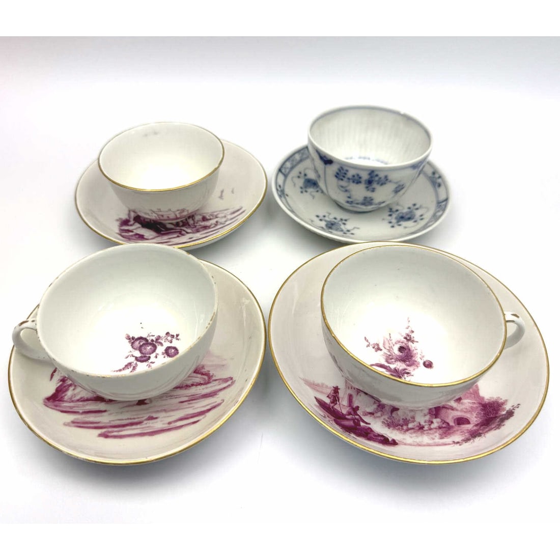 Antique 19th C. Meissen German Porcelain Cups: Lot of 4 Antique 19th Century or Earlier Meissen German Porcelain Cups & Saucers. Condition: Generally Very Good. Dimensions: Largest Saucer Dia-4.75". Largest Cup Dia-3". Provenance: From a Long Isla