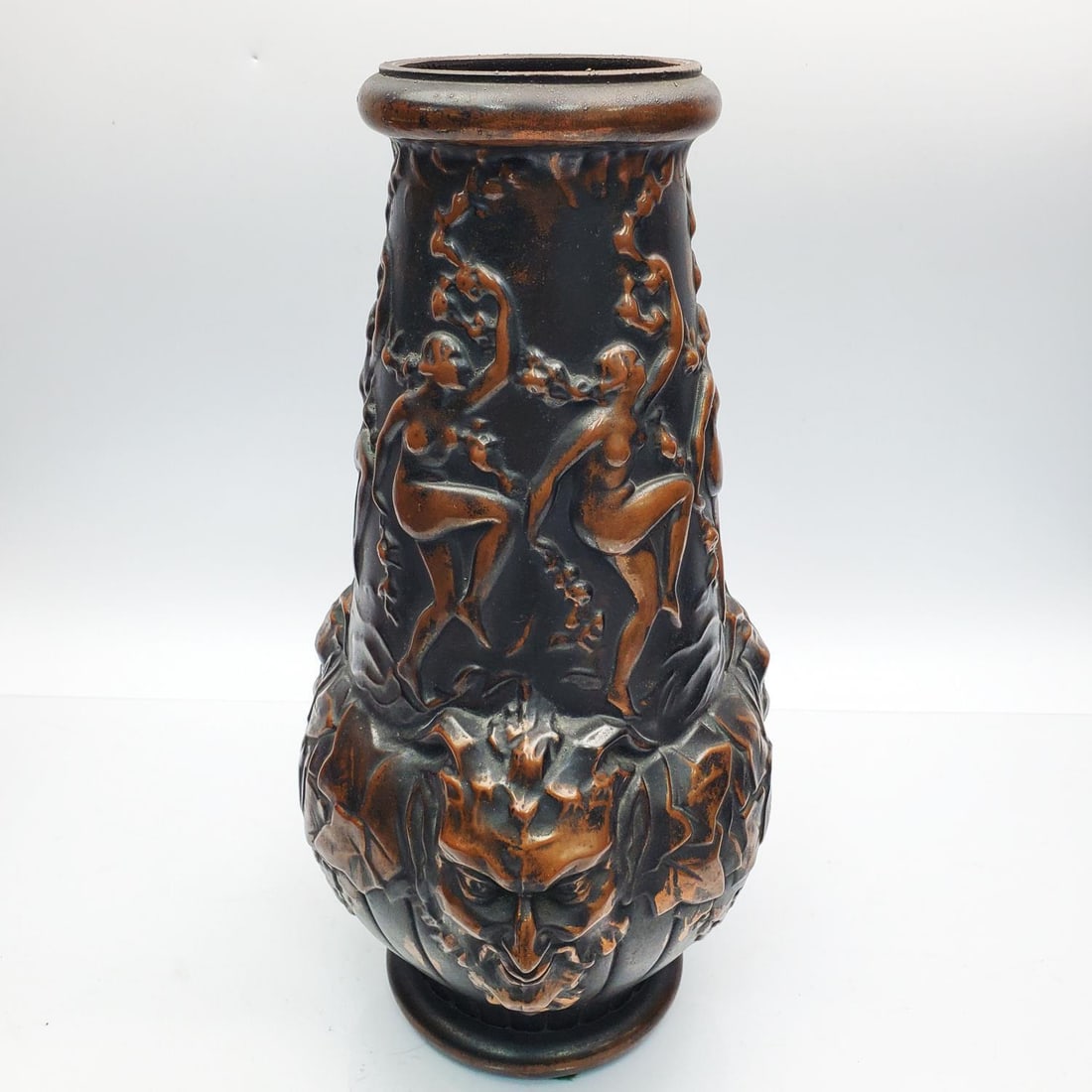 French Art Deco Copper & Glass Vase by Espaivet: French Art Deco Copper on Molded Glass Vase by Espaivet. Depicting Devils & Nude Dancers. Signed on the Bottom. Circa 1920s or Earlier. Condition: Generally Very Good. Dimensions: H-12.75" x Dia-6.5".