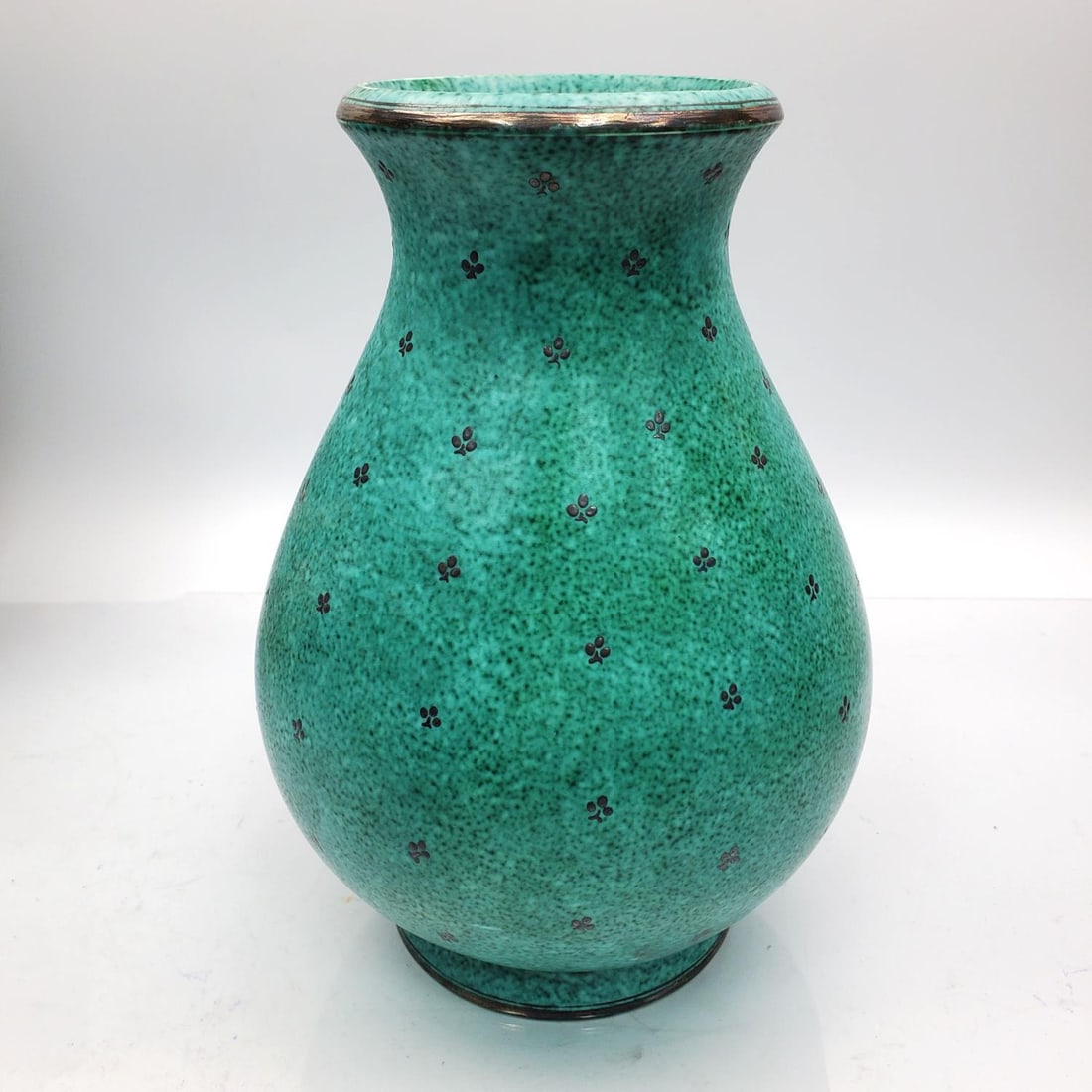 Vintage Gustavsberg Silver Inlaid Porcelain Vase: Large Vintage Swedish Gustavsberg Silver Inlaid Porcelain Vase. Fully Signed & Described on the Bottom. Condition: Generally Very Good. Dimensions: H-10.5". Provenance: From a Long Island, NY Home. Pl