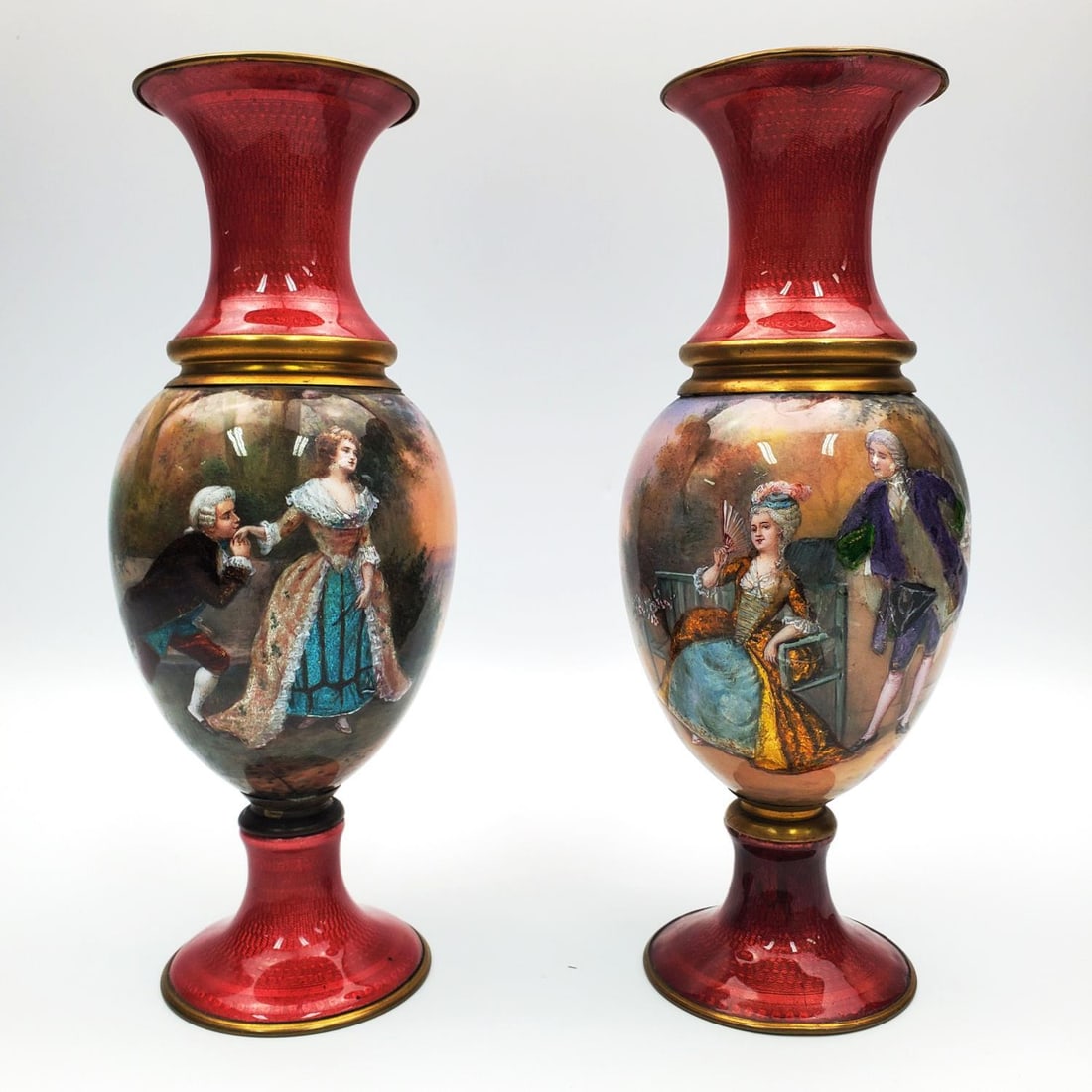 Pair Antique French Enamel on Copper Vases (1 of 5)