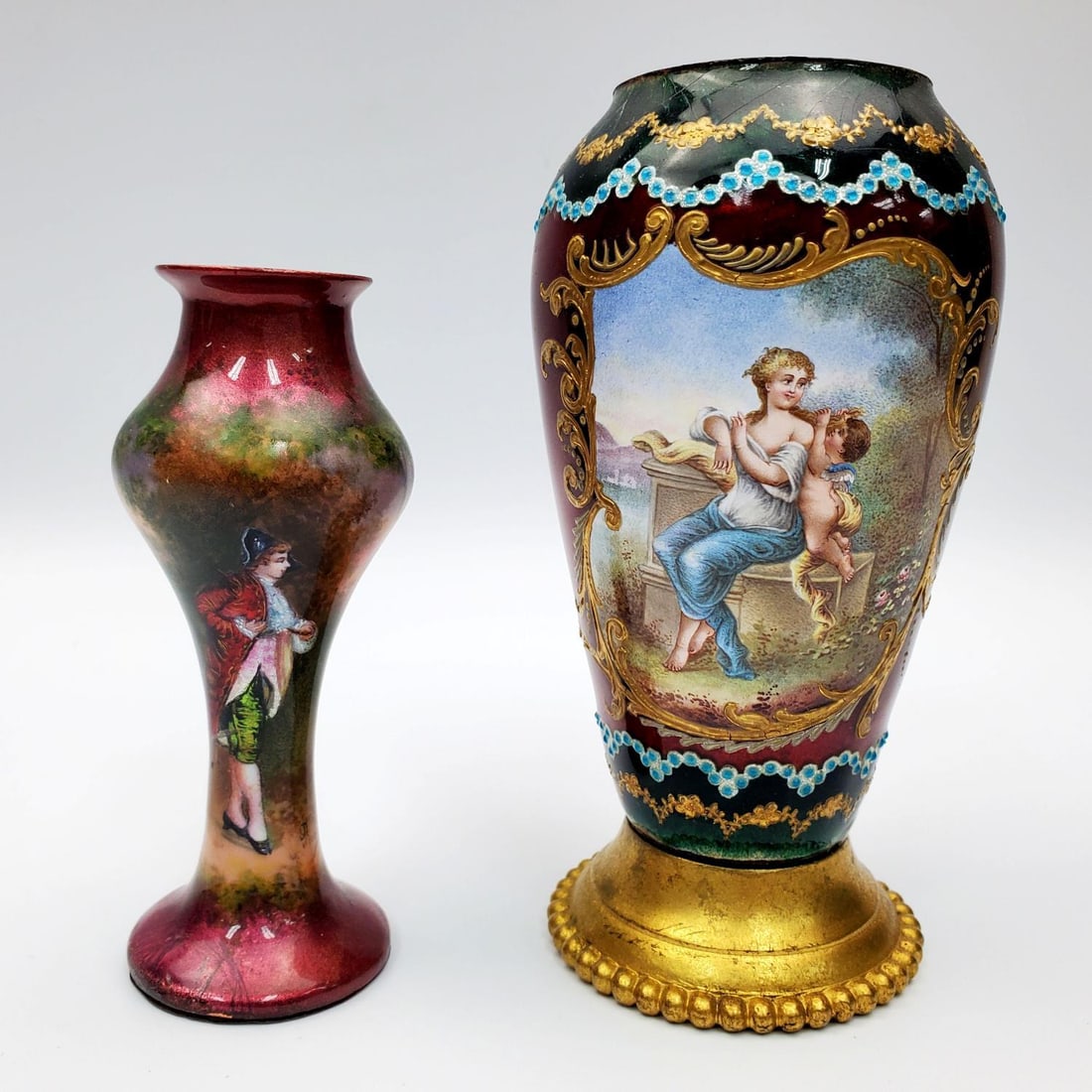 2 Antique 19th C French Enamel on Copper Vases (1 of 6)
