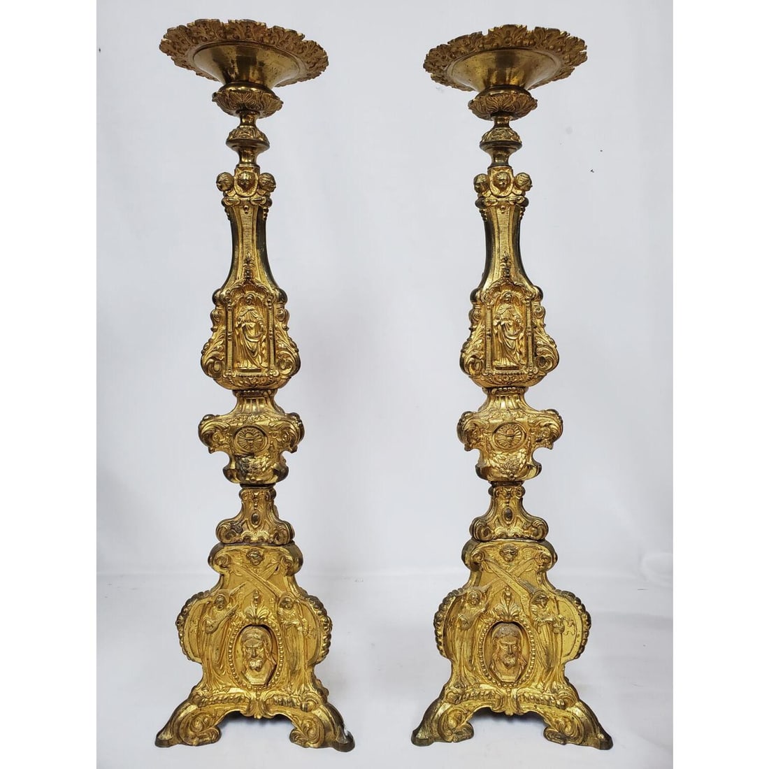Pair Antique 19th C. French Brass Alter Sticks (1 of 5)