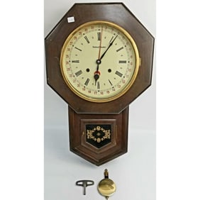 Antique Station Master Wall Clock w/ Pendulum &Key
