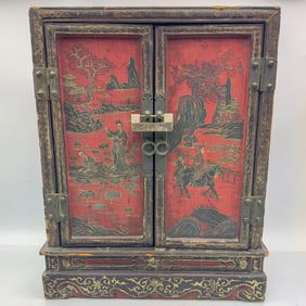 Vintage Chinese Red Lacquer Wood Table Cabinet