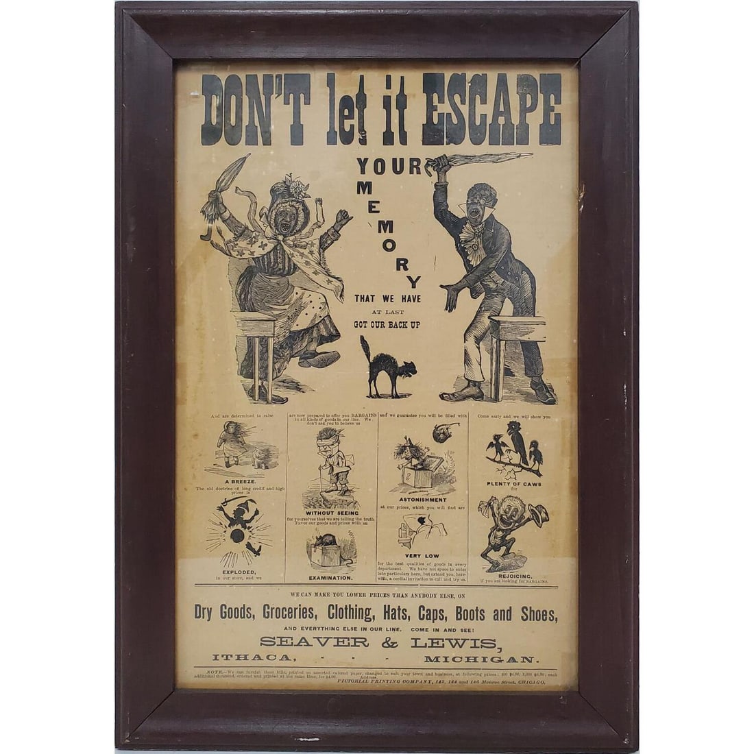 Antique Print Advertisement for Seaver & Lewis: Antique Print Advertisement for Seaver & Lewis General Goods in Ithaca, Michigan. Framed Under Glass. Has Not Been Examined Out of Frame. Condition: Generally Good. Dimensions: Sight-11" x 17". Frame-