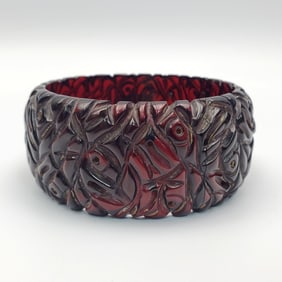 Probably Amber Carved Filigree Bangle Bracelet