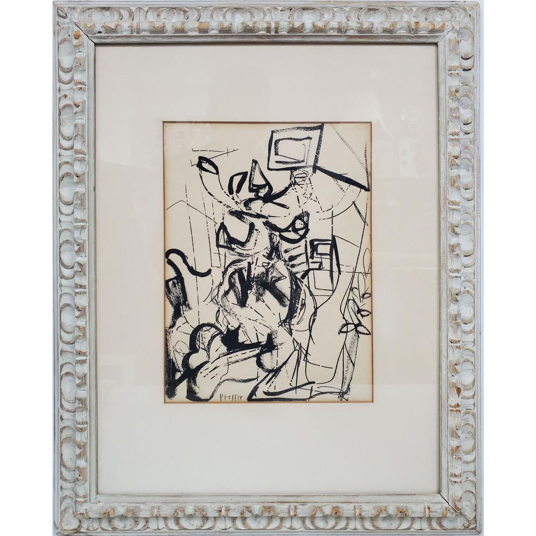 Josef Presser, American (1907-1967) Painting: Josef Presser, American (1907-1967) Painting, Black Ink on Paper, "Abstract". Signed Lower Left. In Original Frame Under Glass. Has Not Been Examined Out of Frame. Condition: Generally Very Good w/ So