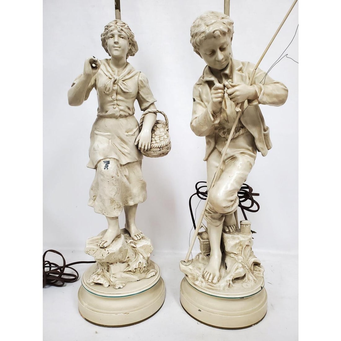 Pair of Old White Metal Painted Figural Lamps: Pair of Old White Metal Painted Figural Lamps. Condition: Generally Good w/ Some Paint Losses. Please Note- We Do Not Guarantee the Workability or Mechanism of Any Lamps or Chandeliers. Dimensions: To