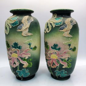 Pair of Japanese Raised Enamel Porcelain Vases