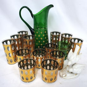Large Green Enameled Pitcher w/ Matching Glass