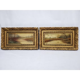 Set of 2 Paintings Signed Violet Oil on Canvas