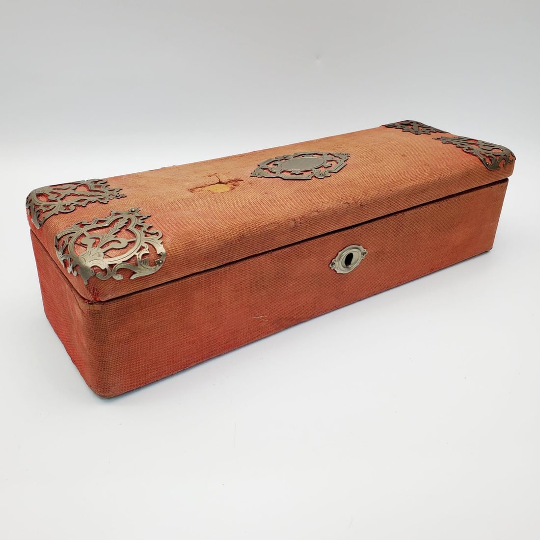 Antique Cloth Covered Wooden Glove Box: Antique Cloth Covered Wooden Glove Box with Metal Mounts. Does Not Come w/ Key. Condition: Sold As Is. Dimensions: L-12" x W-4" x H-2.75". Provenance: From the Estate of an Important Private Long Isla
