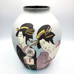 Large Hand Painted Pottery Vase w/ 2 Geishas