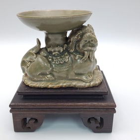 Chinese Porcelain Lion w/ a Wood Base