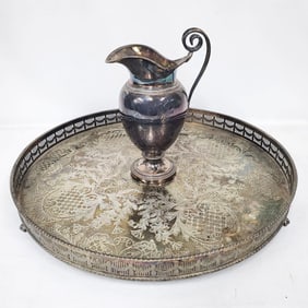 Large Silver Plated Tray Along w/ a Pitcher