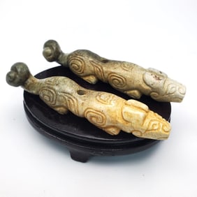 Pair of Small Chinese Prob. Jade Tiger Figurines