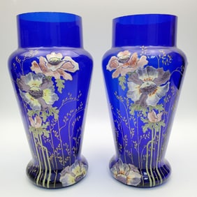 Pair of Antique Art Nouveau Enameled Glass Vases