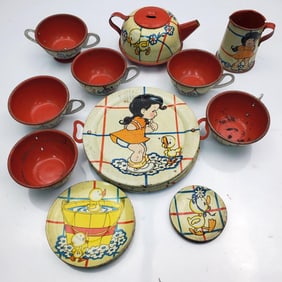 Vintage 1950's Ohio Art Company Tin Tea Set