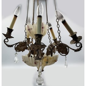 Antique Jeweled Opaline Glass & Metal Chandelier