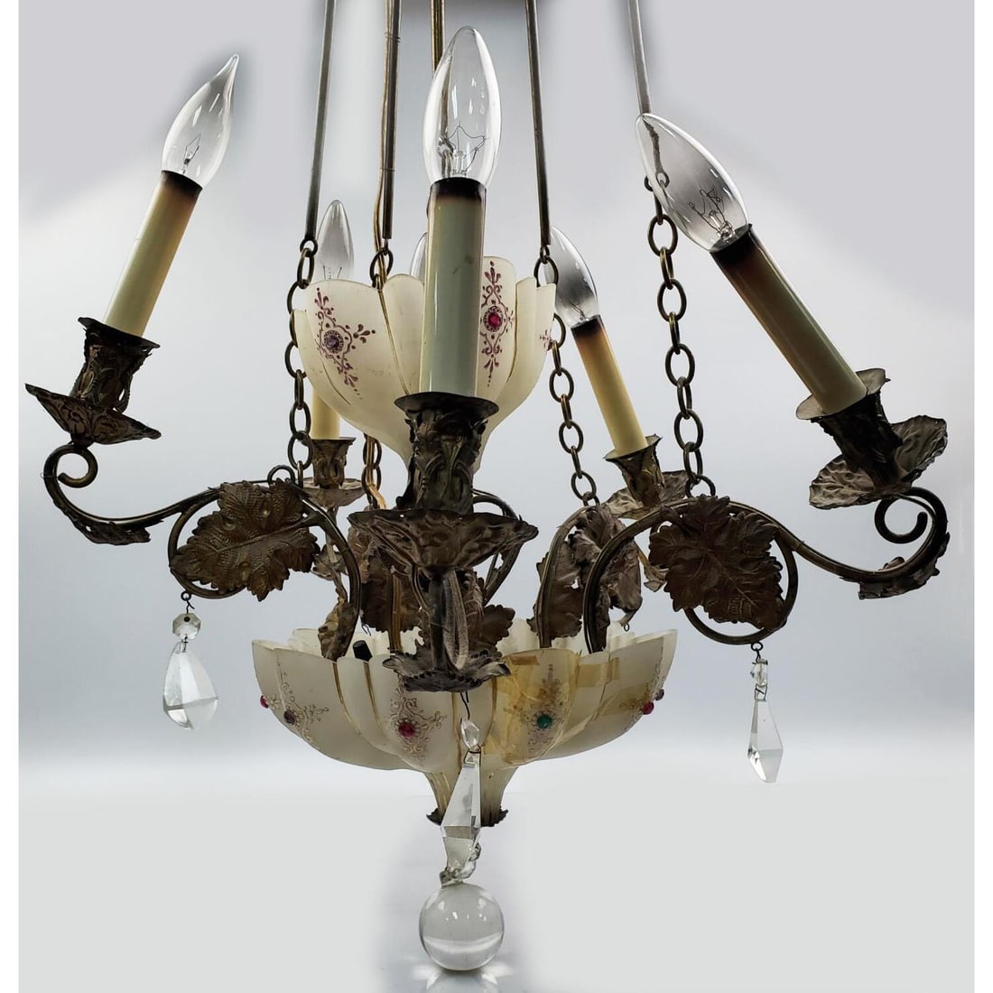 Antique Jeweled Opaline Glass & Metal Chandelier: Antique Jeweled Opaline Glass & Metal 6-Light Chandelier. Condition: Generally Good. The Large Glass Has a Small Crack in One Area. Sold As Is. Please Note- We Do Not Guarantee the Workability or Mech