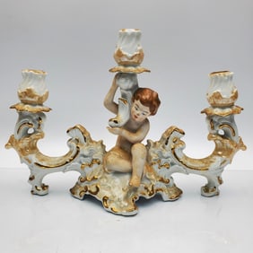 Arpo Romania Porcelain Cherub 3-Arm Candelabra