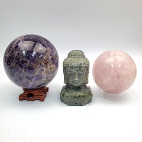 Lot of 3 Stone Items Including 1 Amethyst Sphere