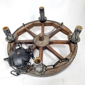 Old Metal & Wood Wheel Made Into a Chandelier