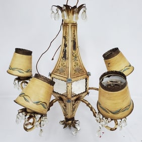 Early Tole Painted Chandelier w/ Original Shades