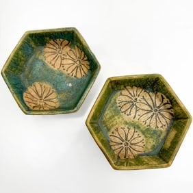 Pair of Japanese Oribe Hexagonal Bowls
