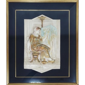 Antique Signed Greek Relief Plaque of Penelope