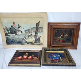 Lot of 4 Signed "L. Baker" Paintings, Oil on Board