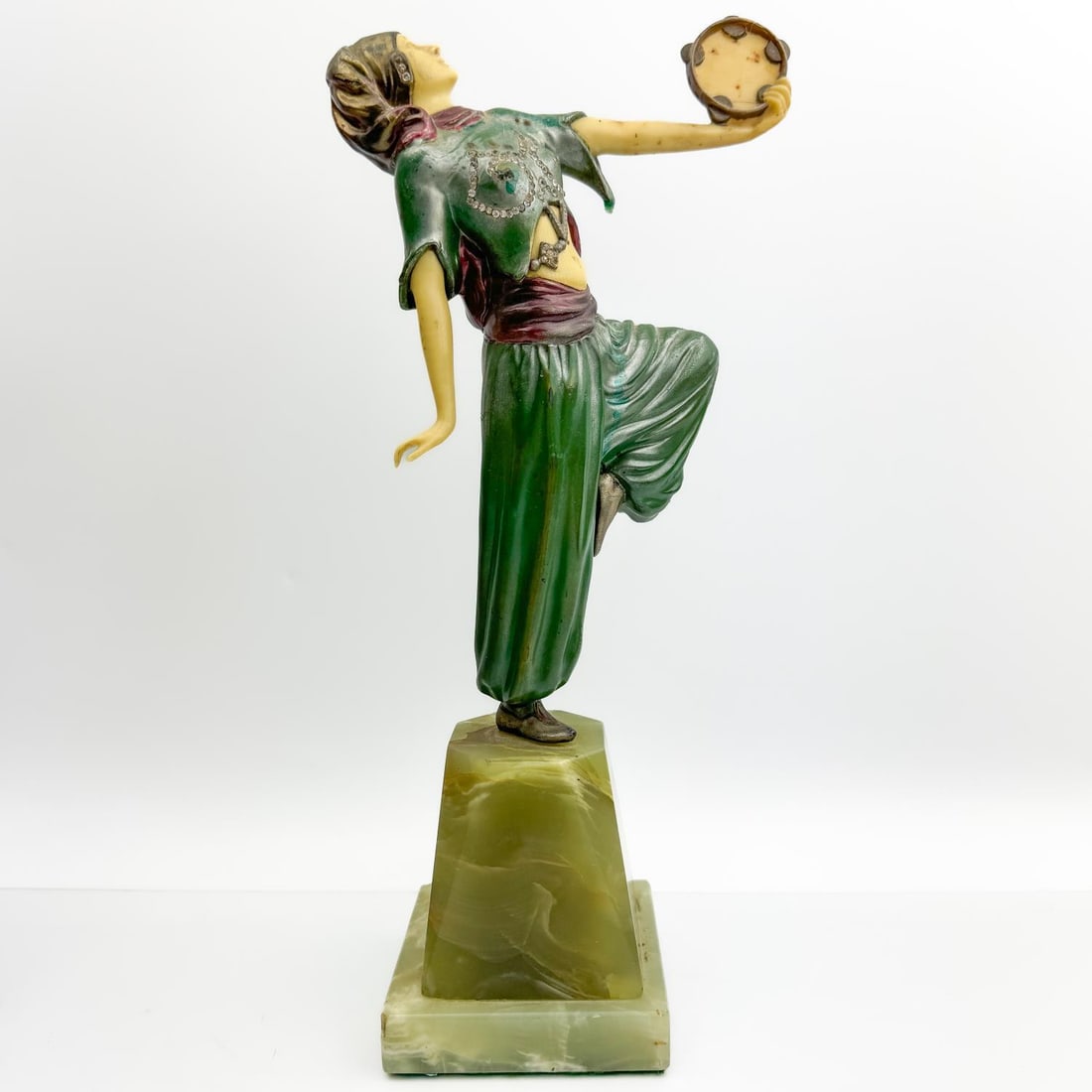 Antique Art Deco Metal Sculpture of a Dancer: Antique Art Deco Metal Sculpture of an Asian Dancer w/ a Tambourine on Original Green Marble Base. Apparently Unsigned. Condition: Generally Good But Appears to Be Missing Some Stones. Dimensions: Tot