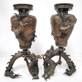 Antique Pair of Japanese Meiji Period Bronze Vases