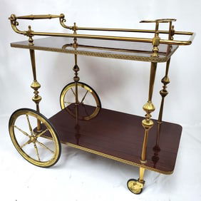 Beautiful Vintage French Wood & Brass Bar Cart