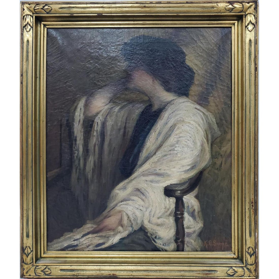 Katherine Swope, American (1868-1941) Painting: Katherine Swope, American (1868-1941) Painting Oil on Canvas. "Seated Woman w/ a White Shawl". Signed Lower Right. In Probably Original Frame.Condition: Generally Good w/ Craquelure.Dimensions: Sight-