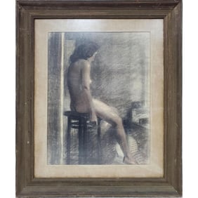 Signed Antique Painting Charcoal on Paper