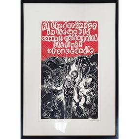 Sue Coe, American (b.1952) Colored Woodcut Print